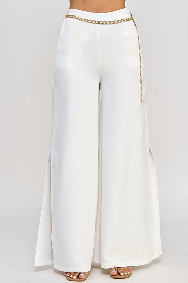 Chain Belt Side Slit Wide Leg Pants