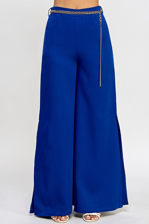 Chain Belt Side Slit Wide Leg Pants