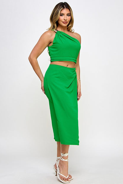 2pc set-One Shoulder Trim Top & Wrap Skirt