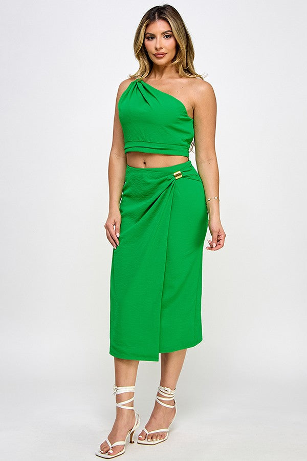 2pc set-One Shoulder Trim Top & Wrap Skirt