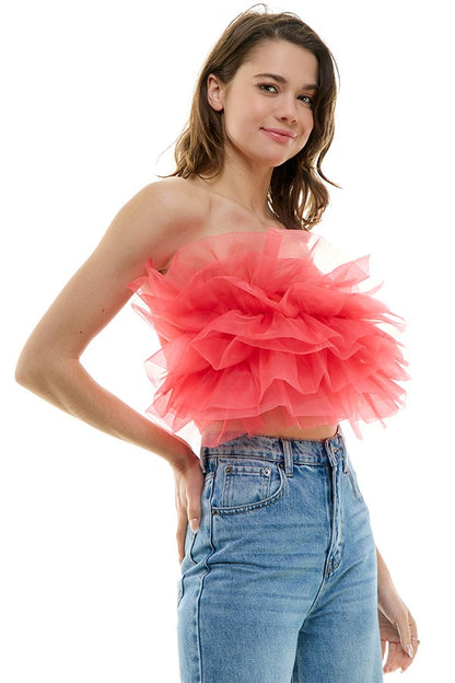 organza ruffle front strapless crop top