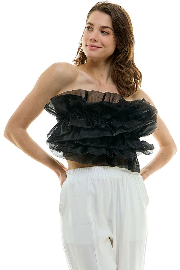 organza ruffle front strapless crop top