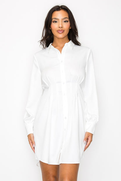 Cinched Pleated Satin Shirt Dress