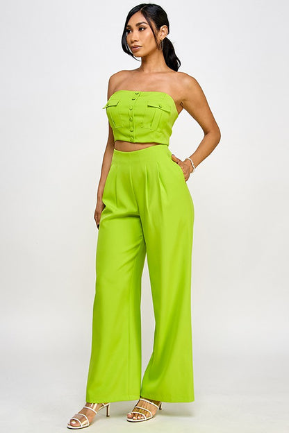 2pc set-Strapless Pocket Top & Wide Leg Pants