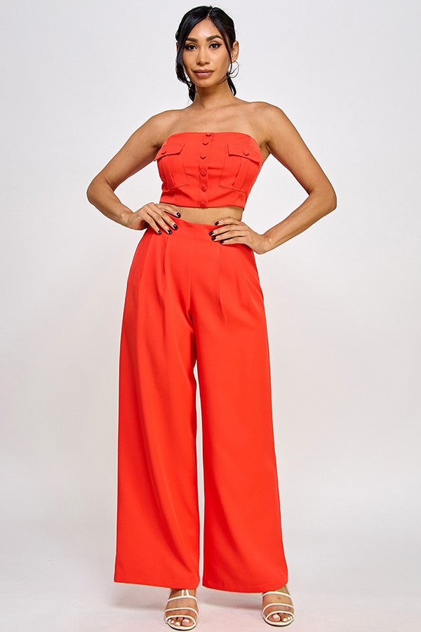 2pc set-Strapless Pocket Top & Wide Leg Pants