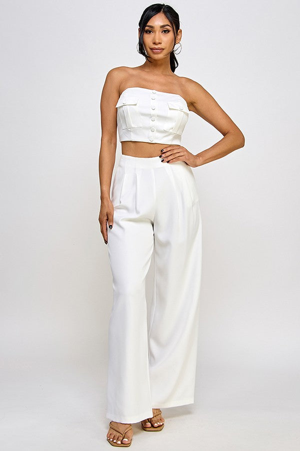 2pc set-Strapless Pocket Top & Wide Leg Pants