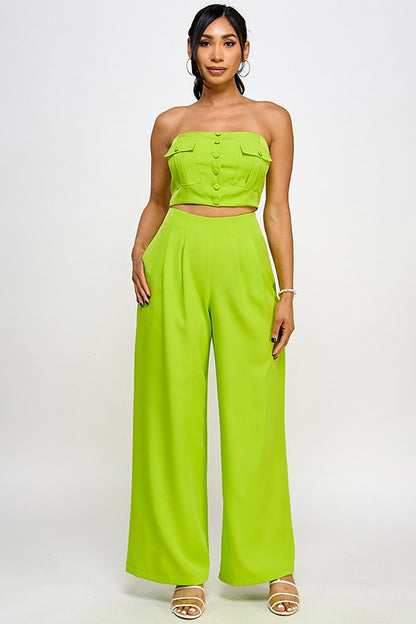 2pc set-Strapless Pocket Top & Wide Leg Pants