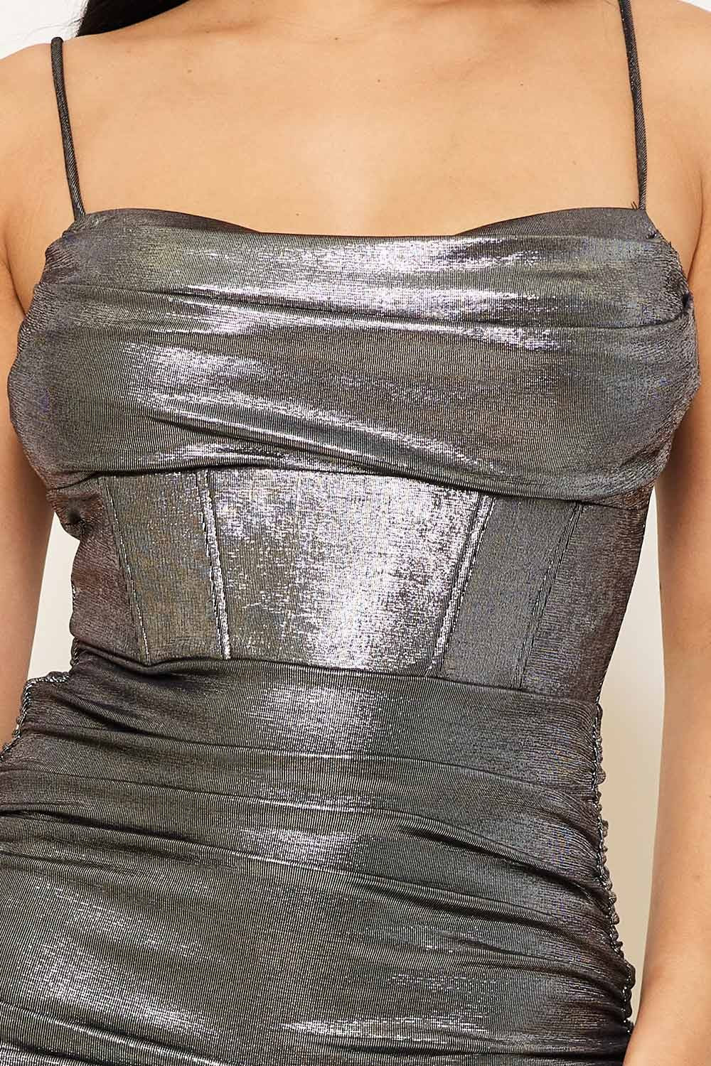 metallic ruched sleeveless dress