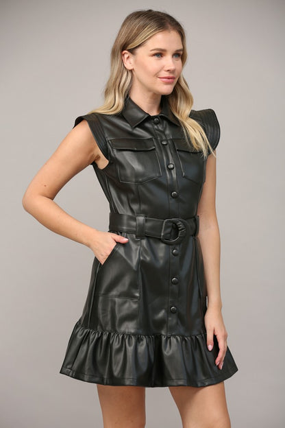 faux leather ruffle button down belted dress