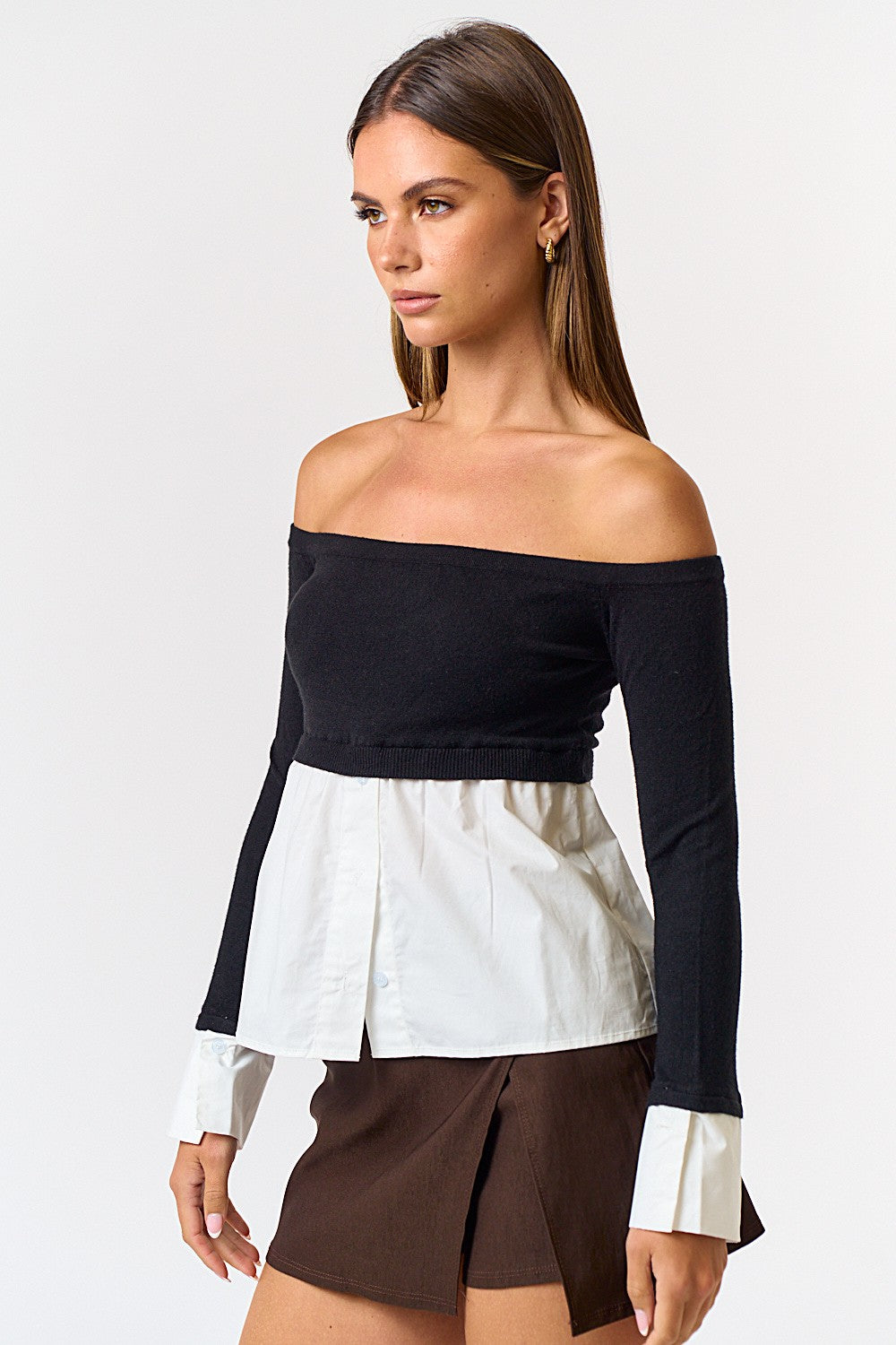 off the shoulder shirt tails/cuff top