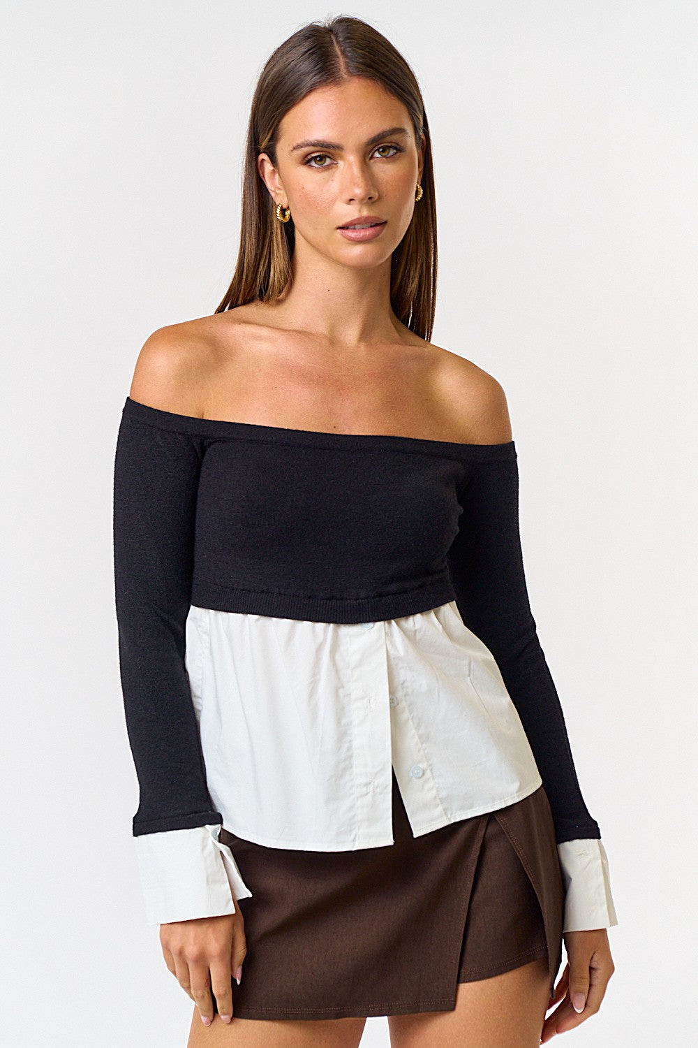 off the shoulder shirt tails/cuff top