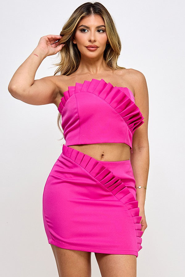 2pc set- ruffle strapless top & ruffle mini skirt