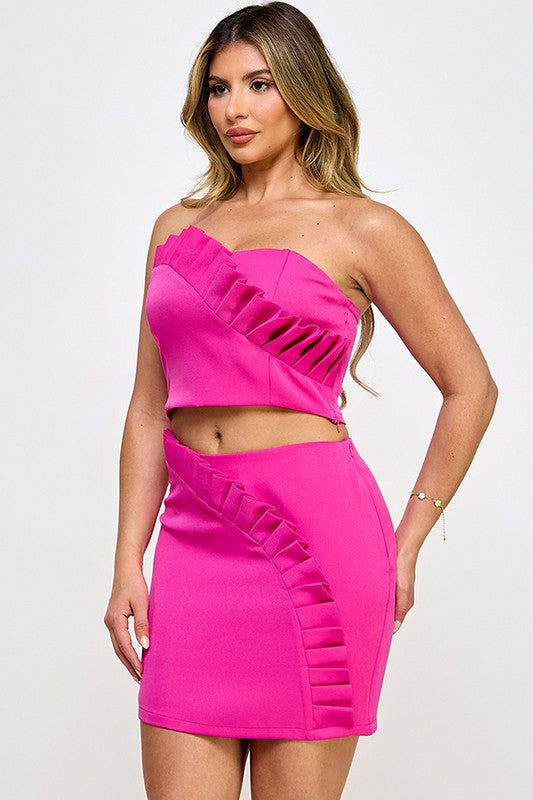 2pc set- ruffle strapless top & ruffle mini skirt