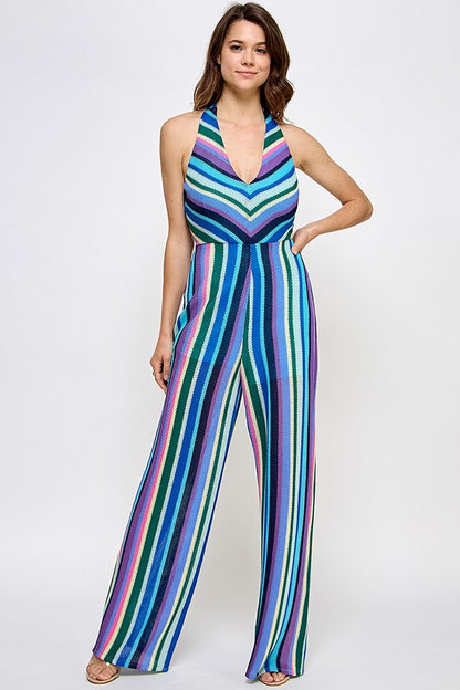 stripe knit halter jumpsuit