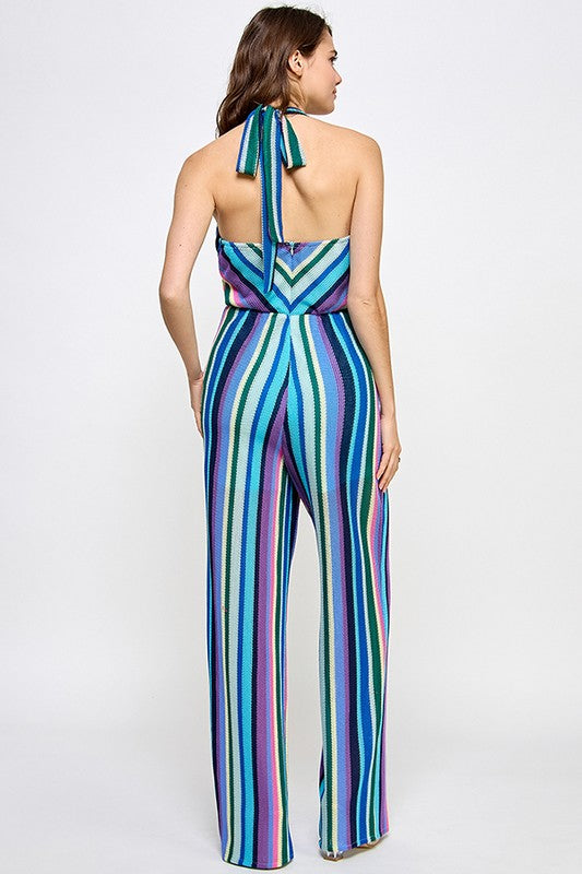 stripe knit halter jumpsuit