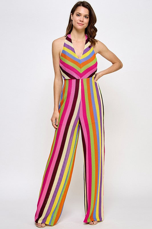 stripe knit halter jumpsuit