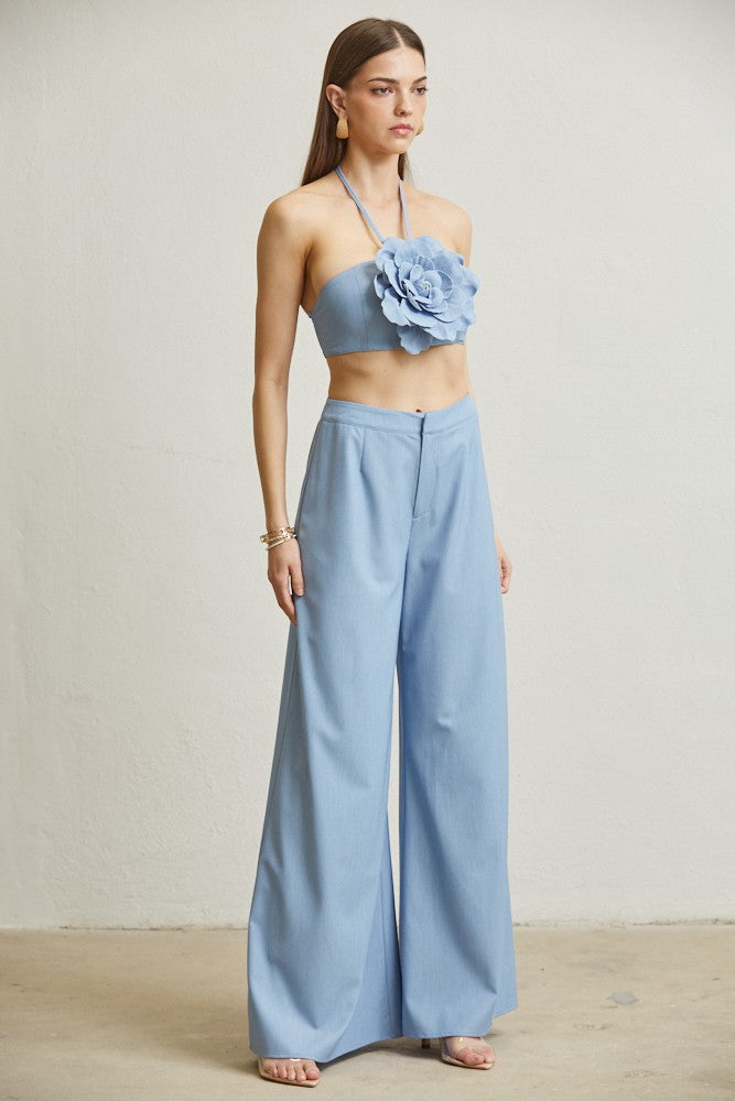 2pc set- flower applique crop halter & wide leg pants