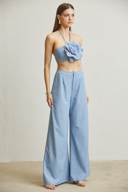 2pc set- flower applique crop halter & wide leg pants