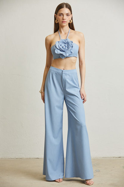 2pc set- flower applique crop halter & wide leg pants