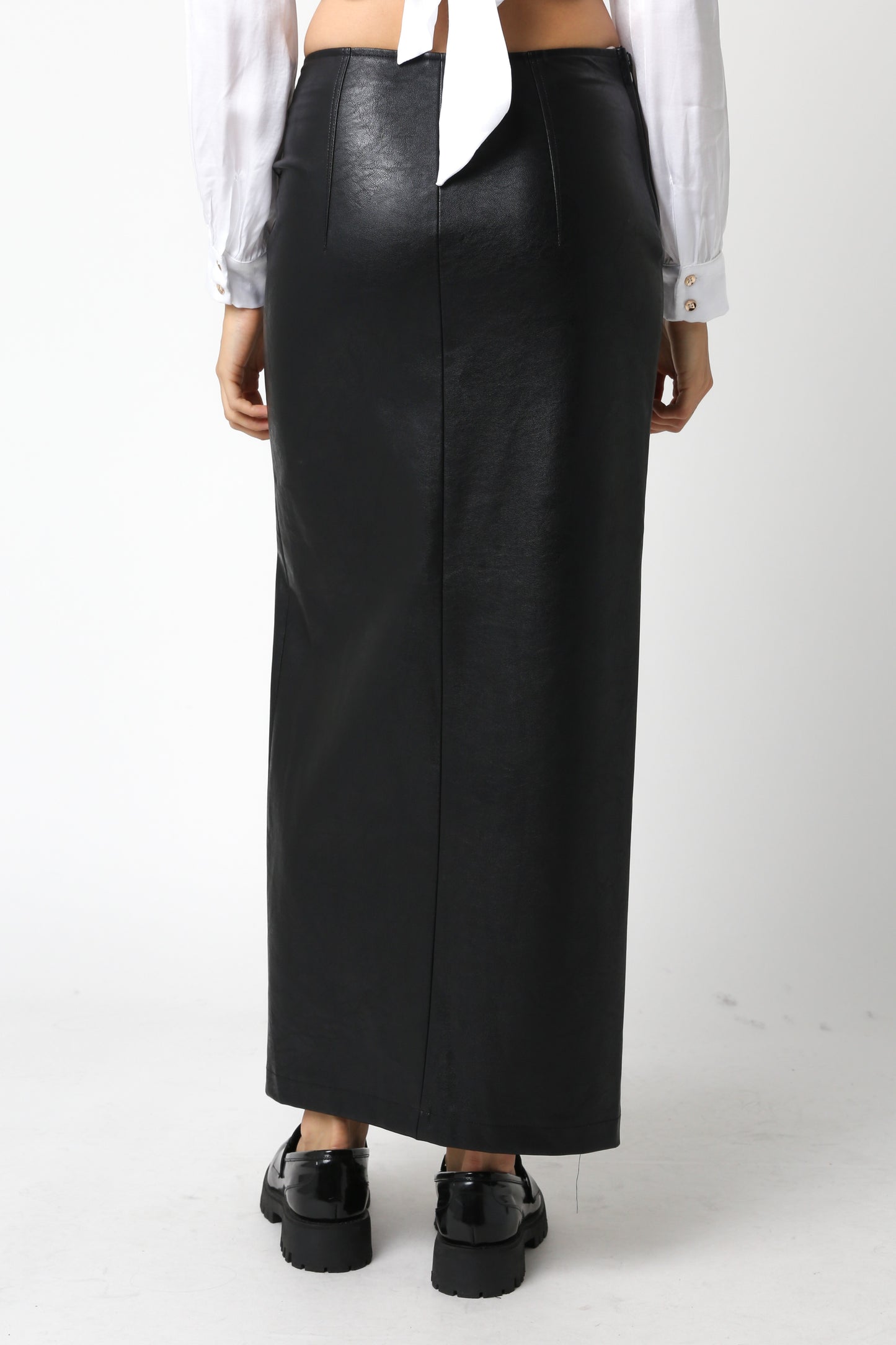 faux leather leg split maxi skirt