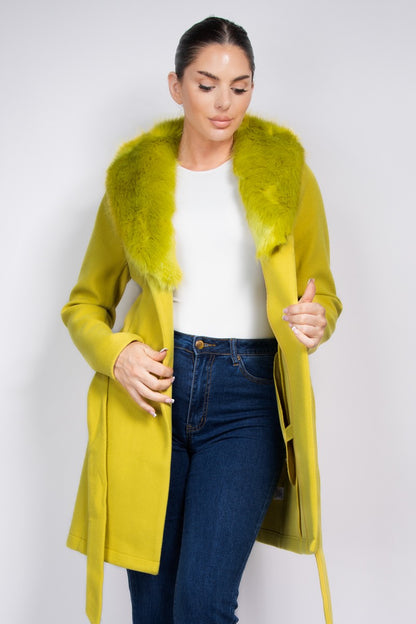 faux fur collar belted trench coat