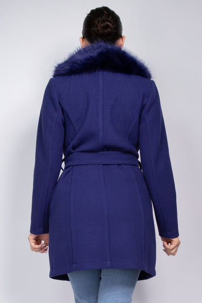 faux fur collar belted trench coat