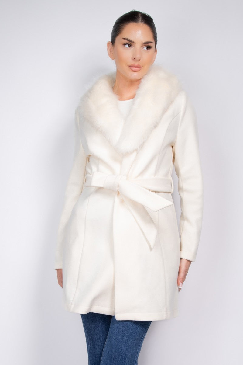 faux fur collar belted trench coat