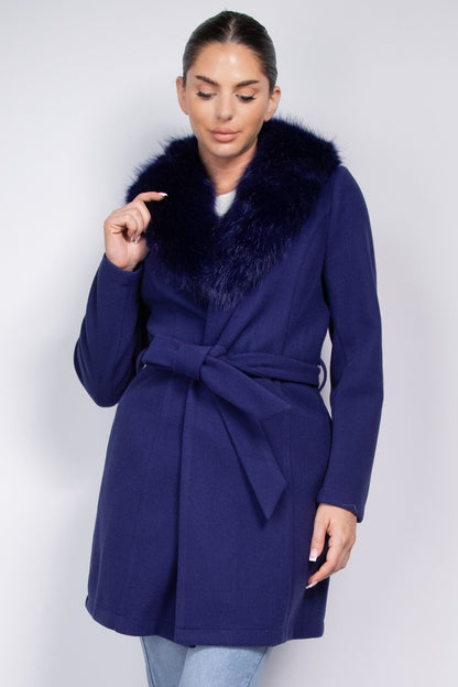 faux fur collar belted trench coat