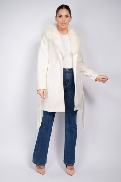 faux fur collar belted trench coat