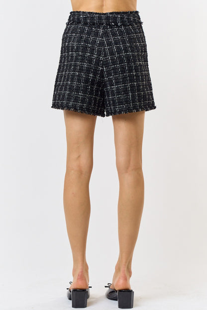 tweed fray hem high waist shorts