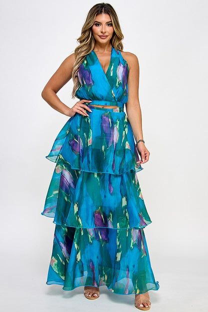 2pc set- print halter top & tiered maxi skirt