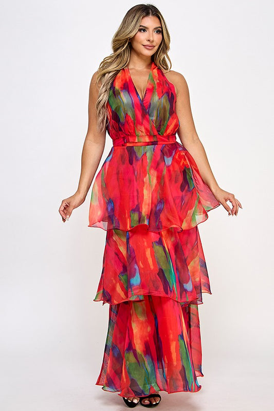 2pc set- print halter top & tiered maxi skirt