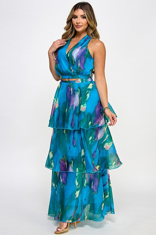 2pc set- print halter top & tiered maxi skirt