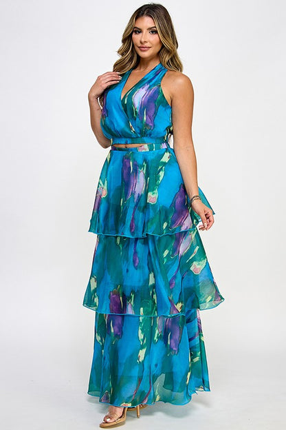 2pc set- print halter top & tiered maxi skirt