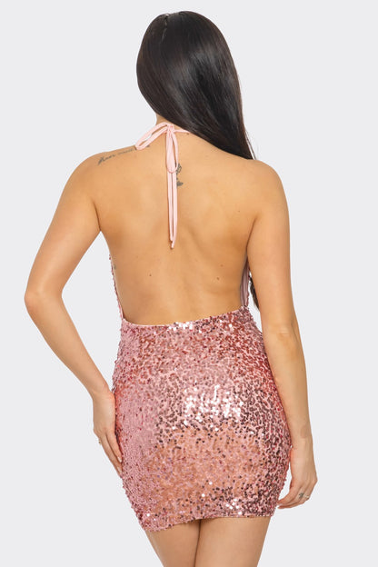 sequin open back cowl neck halter mini dress