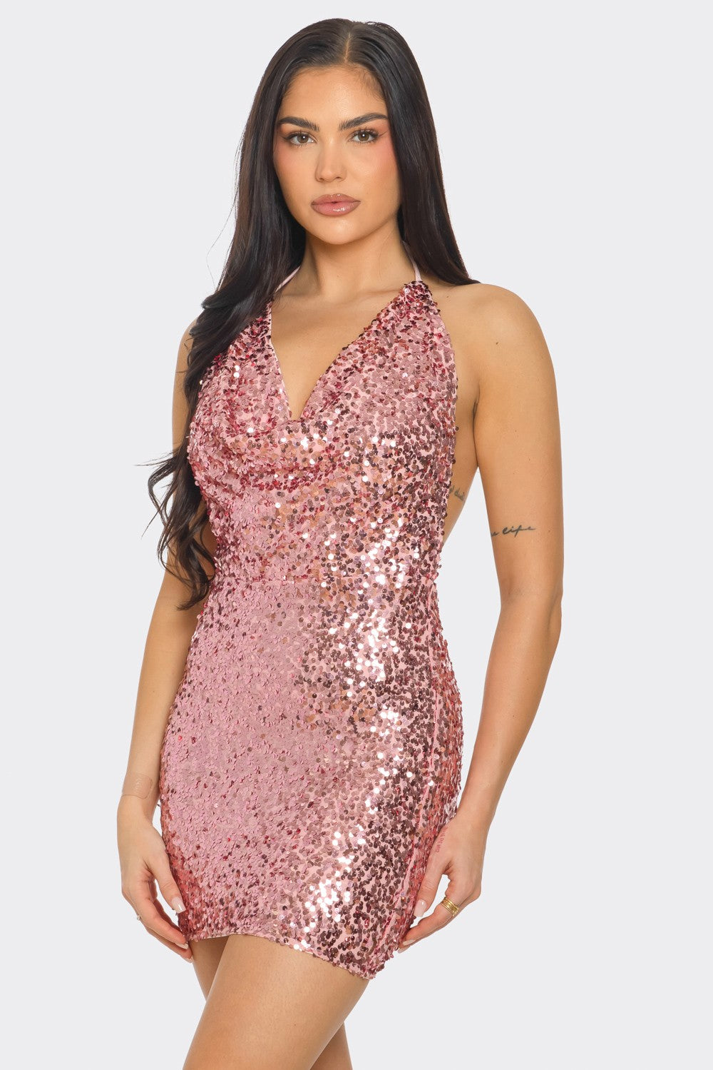 sequin open back cowl neck halter mini dress