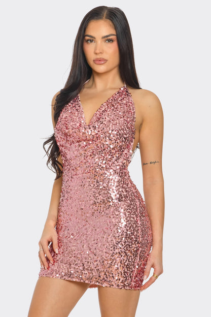 sequin open back cowl neck halter mini dress