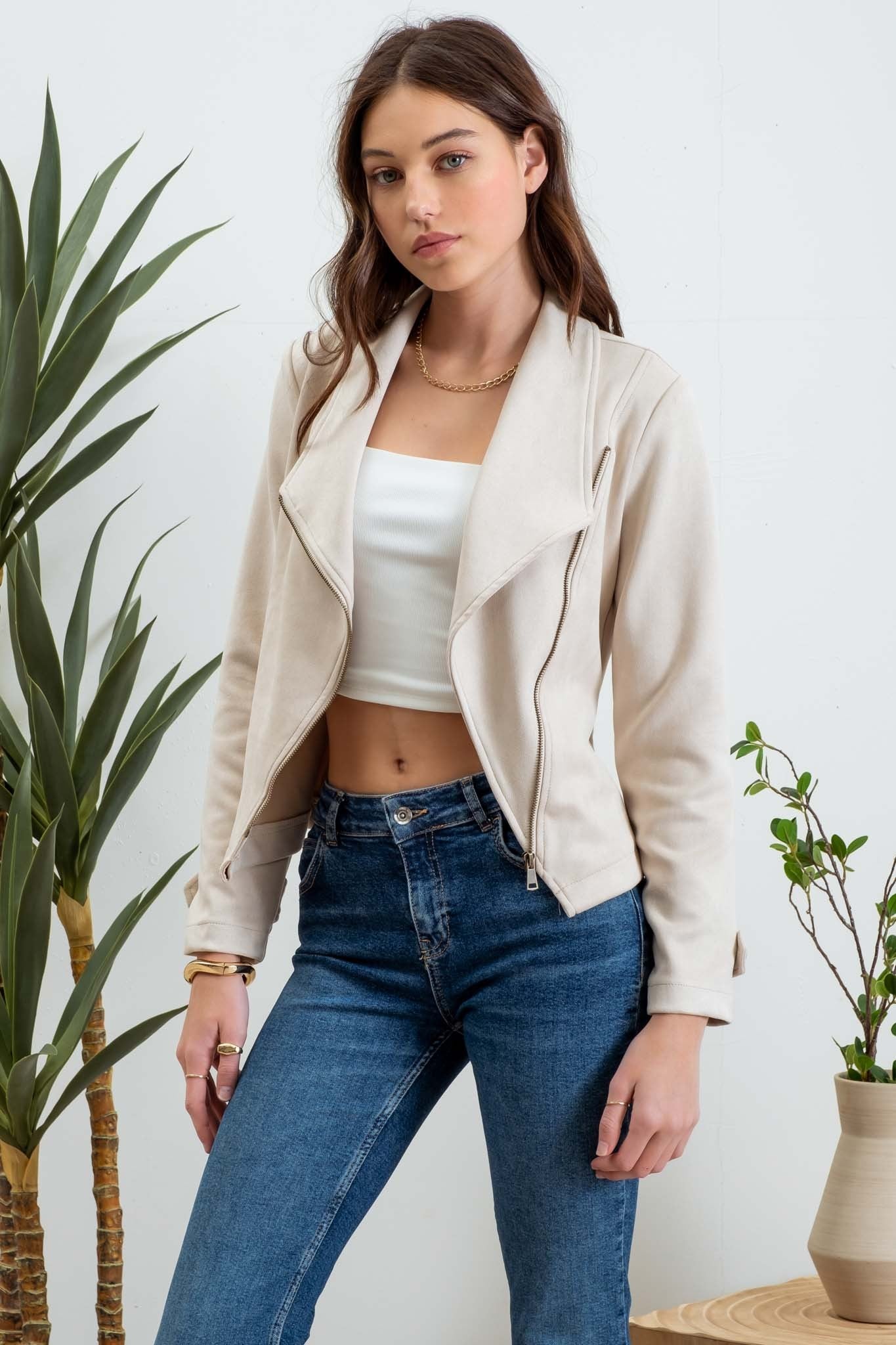 faux suede zip up moto jacket