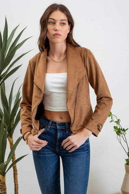 faux suede zip up moto jacket