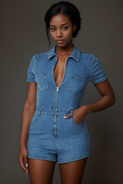 zip front denim romper