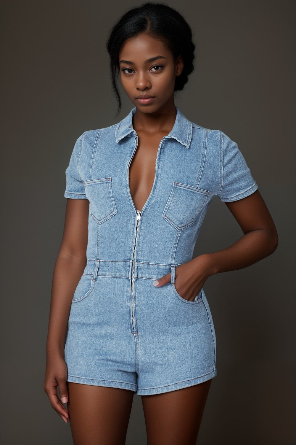 zip front denim romper