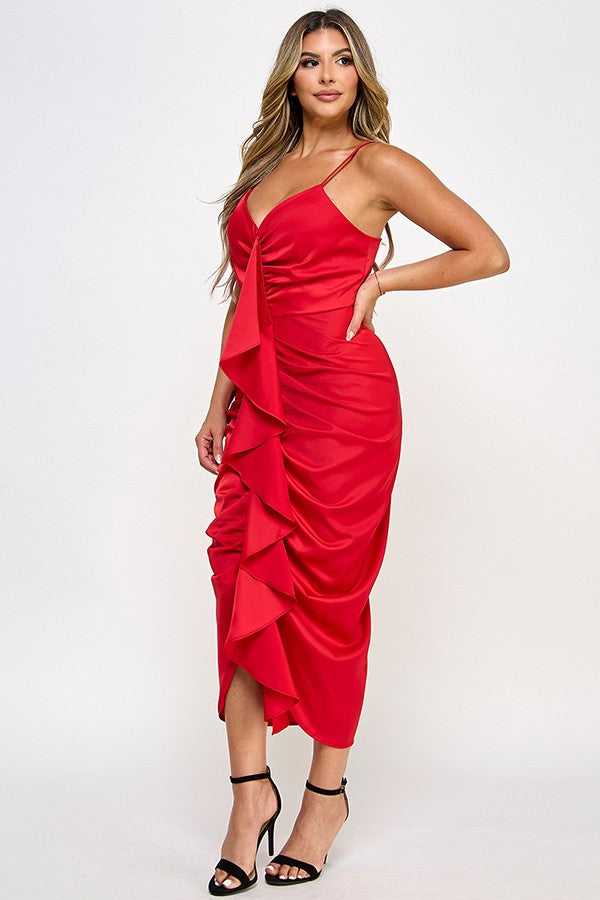 satin ruffle cami midi dress