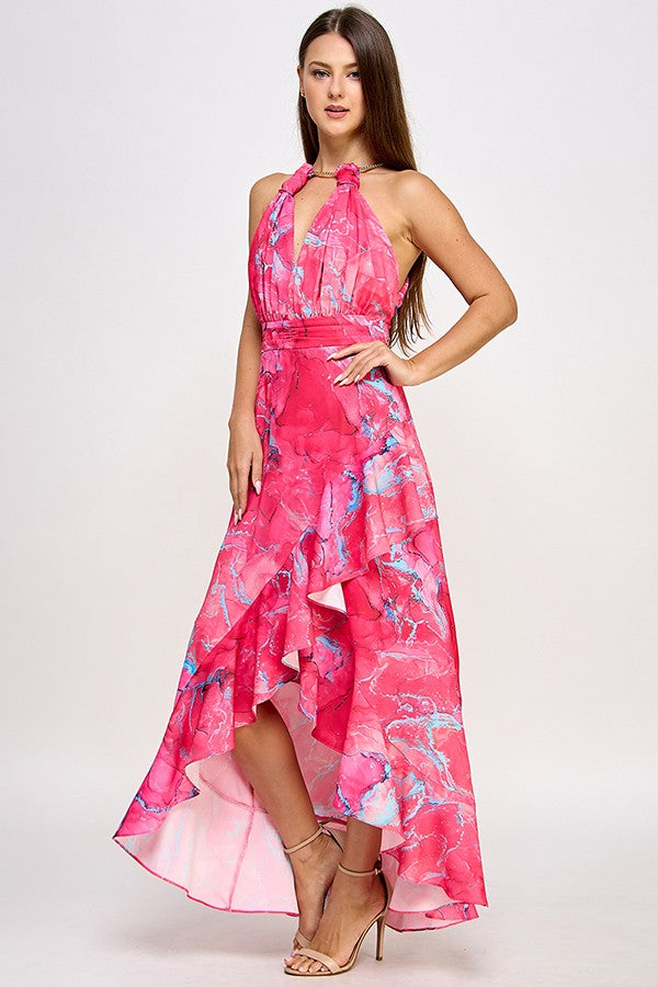 print chain collar neck sleeveless maxi dress