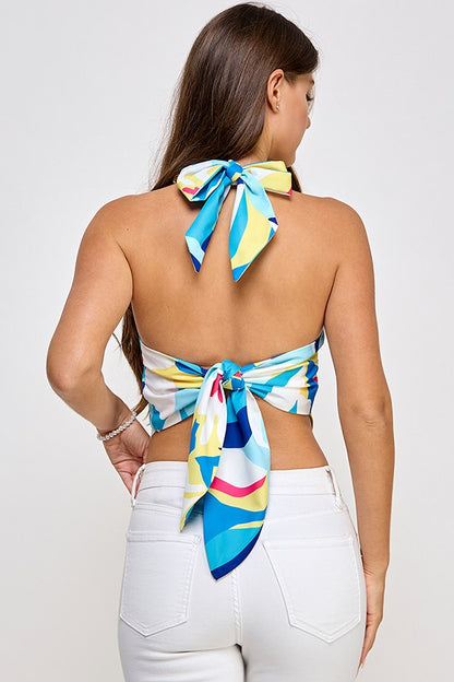 print tie back chain halter top