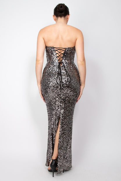 Sequin V-Bar Crisscross Strapless Dress