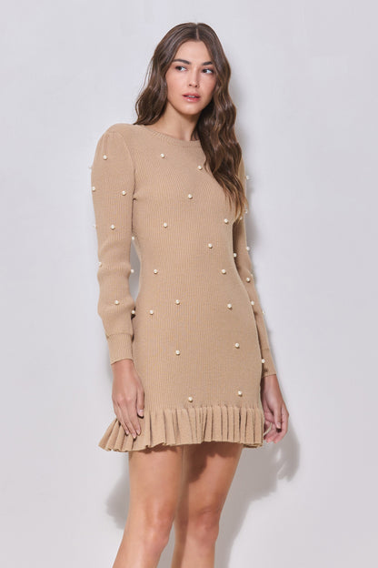 ruffle hem pearl studded knit dress