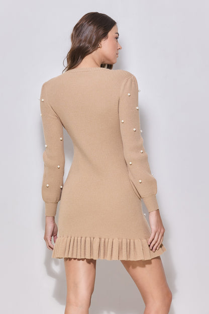 ruffle hem pearl studded knit dress