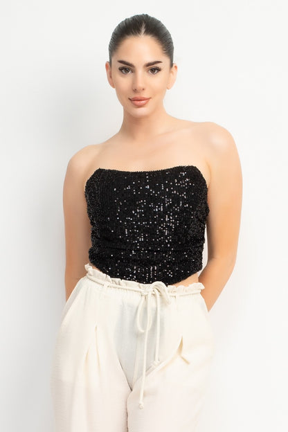 Shirred Sequin Strapless Top