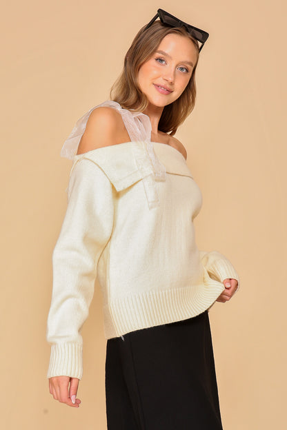 shoulder ribbon off the shoulder sweater