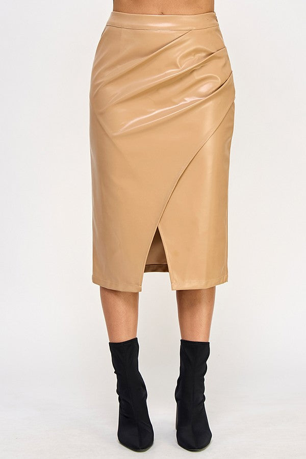 Faux Leather Front Wrap Midi Skirt